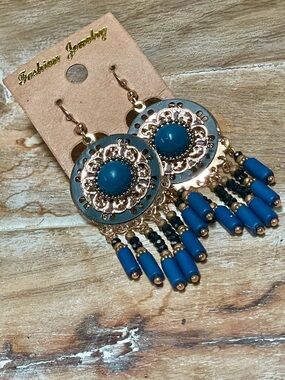 Blue and Gold Filigree Beaded Boho Dangle Earrings